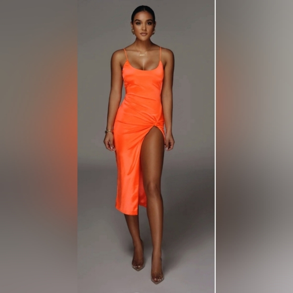 JLUXLABEL Vibrant Satin Orange Asymmetrical Dress - Picture 1 of 8